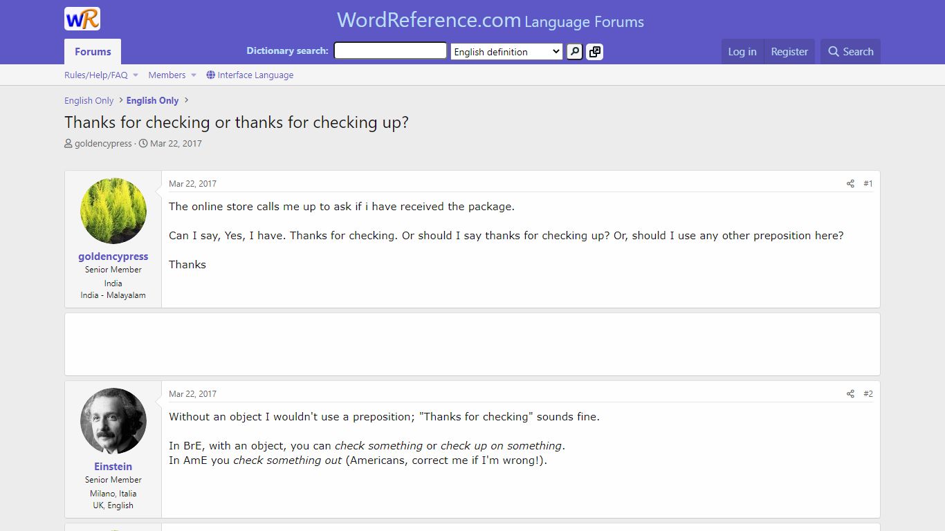 Thanks for checking or thanks for checking up? - WordReference Forums
